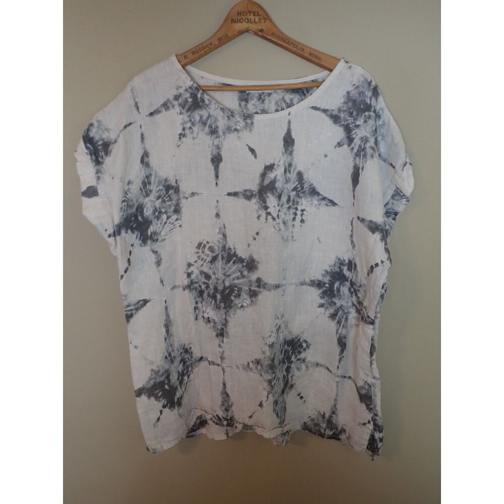 Bellambia Linen Large Black White Tie Dye Short Sleeve Tunic Shirt Made in Italy